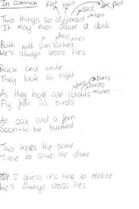 Two things so different It may even cause a dent both with similarities we'll always cross ties black and white they look so right as they both are colours fly few as birds an oak and a ferm soon to be burned two trees the same time to save the dame I guess it's time to realise we'll always cross ties