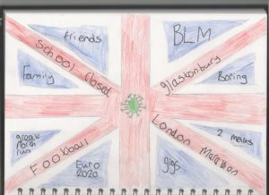 Union Jack with differents in different sections, hand drawn: BLM, Football, Family, Gigs, Boring, Glastonbury, Euro 2020, School Closed, 2 metres, Great North Run