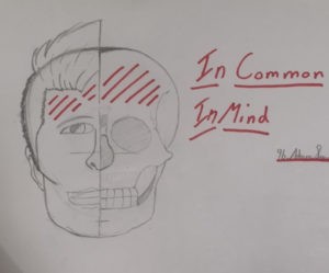 A drawing of a man's face with a cross section of a skull on one side, and the word's In Common In Mind
