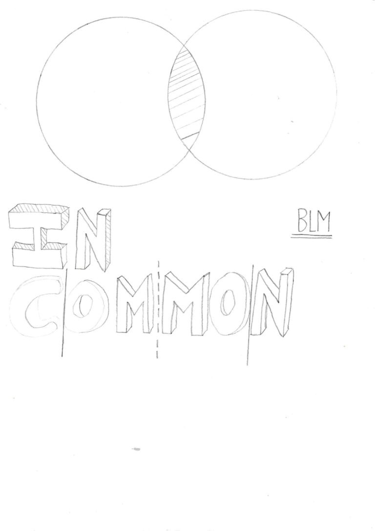 A drawing of a Venn diagram with the overlapping part shaded. The words In Common and BLM are underneath in large writing.