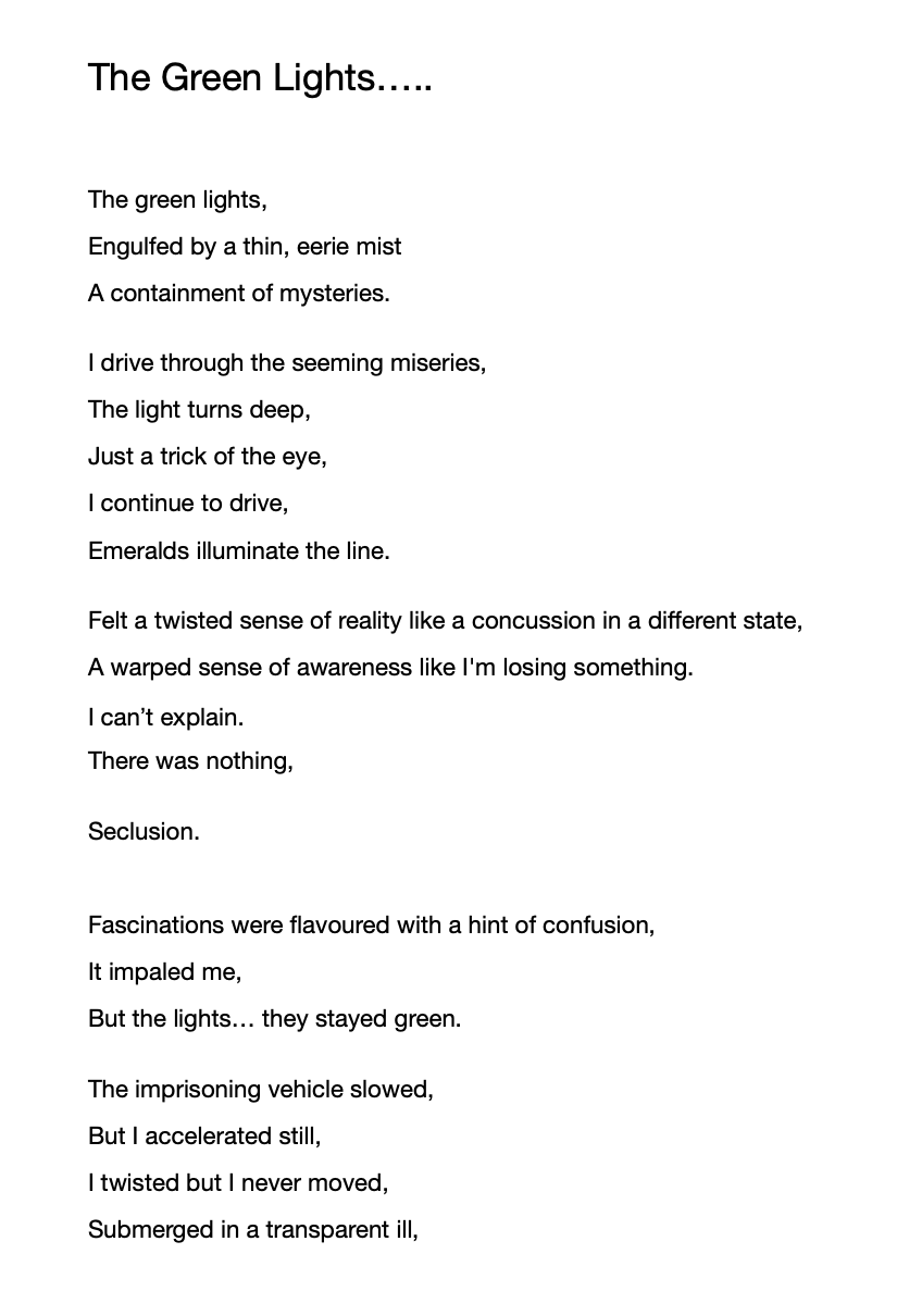 The Green Lights by Emily Utley, year 11, Cowbridge Comprehensive