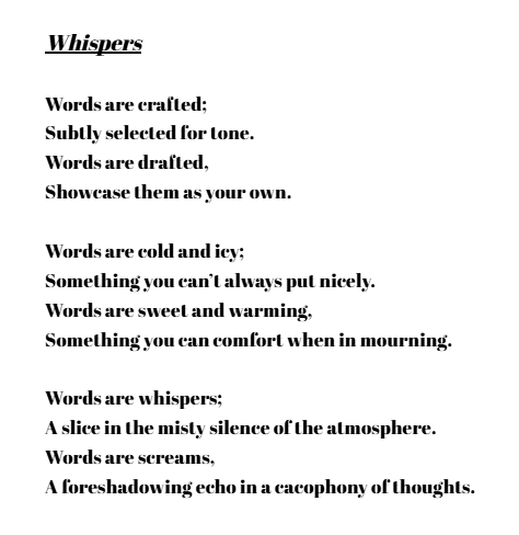 'Whispers' by Olivia Ison-King, age 14, Year 9, Soham Village College