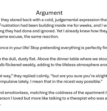 'Argument' by Luna Christensen, age 13, Year 9, Thomas Clarkson Academy