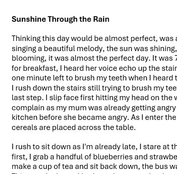 'Sunshine Through the Rain' by Leja Draskinyte, age 14, Year 9, Thomas Clarkson Academy